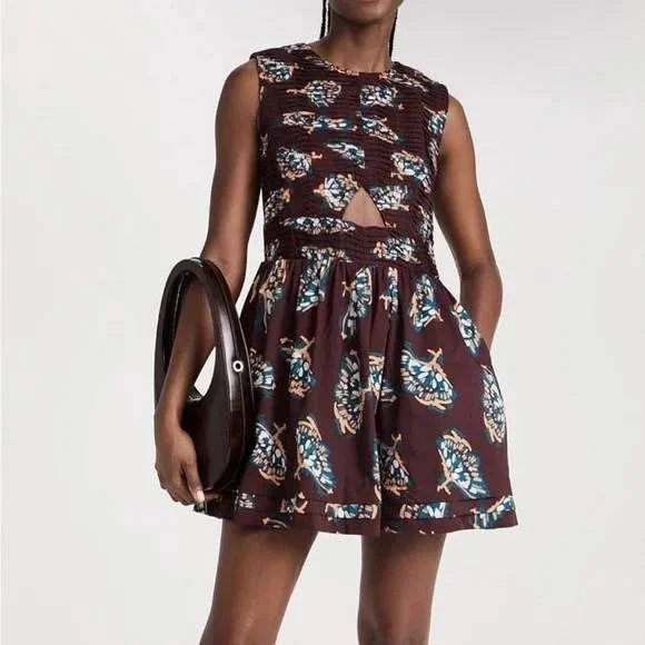 Atelier 1756 Brown Orange Butterfly Smocked Cutout Mini Cotton Dress XL NWT - Picture 1 of 13
